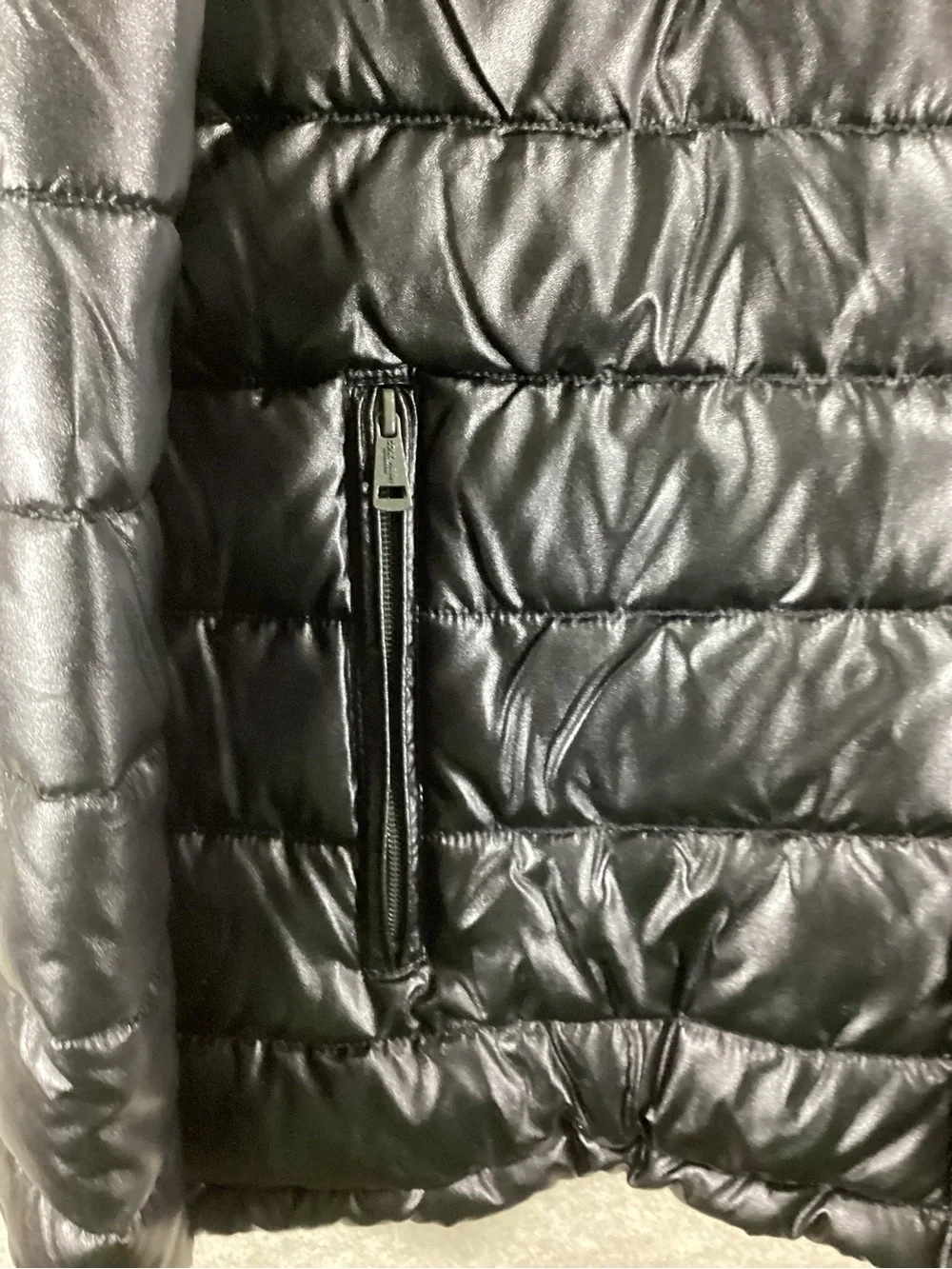 Cole Haan Black Quilted Faux Leather Hooded Puffer Jacket